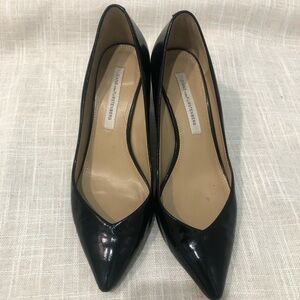 Diane von Furstenberg Black Park Low Pointy Toe Saffiano Patent Pump Wedges